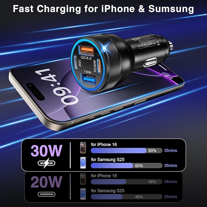 USB C Car Charger, 2 Pack 4-Port 65W Dual USB C & USB-A Cigarette Lighter USB Charger Multiport Type C Car Charger Adapter Phone Plug Cargador Carro Fast Charging for iPhone 17 16 15, iPad, Galaxy