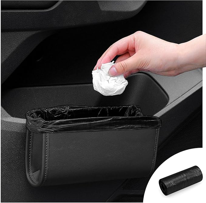 Car Trash Can, Leather Car Trash Bin Door Organizer with a Roll of Garbage Bag, Foldable Hanging Mini Cars Storage Must Have Essentials Interior Accessories(Black)