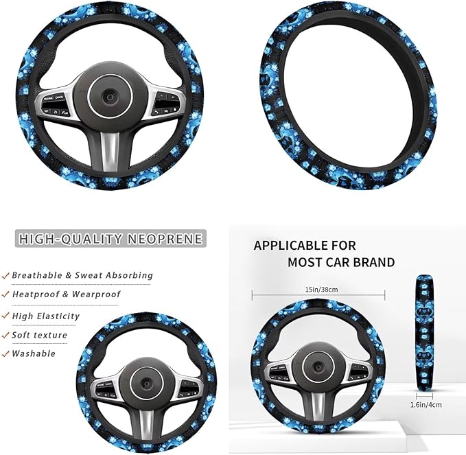Neon Dolphin Car Steering Wheel Covers Set for Women Car Interior Accessories 6 Pcs Cute Blue Dolphin Handbrake Gear Cover Cup Coaster Armrest Cover Fit Vans Trucks,SUV
