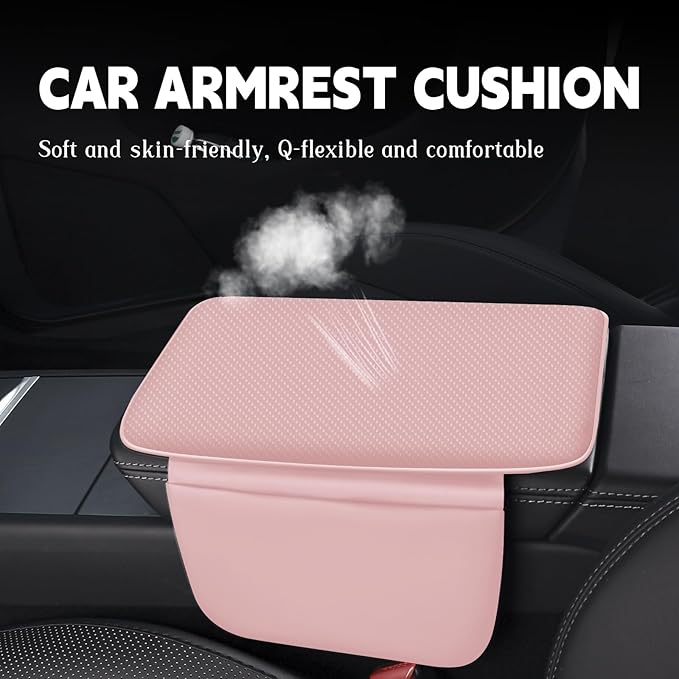 Car Armrest Cover Pad - Nappa Leather Car Center Console Cover with Breathable Holes, Non-Slip Auto Arm Rest Cushion, Universal Car Interior Accessories Fit forTesla Model Y Most Cars, SUVs (Pink)