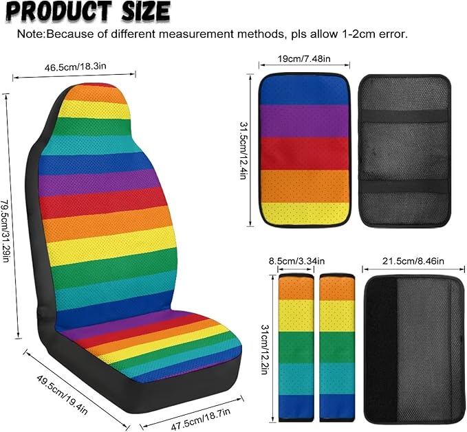 Psesaysky Rainbow Stripe Car Seat Covers Set of 2 with Padded Armrest Cover Seat Belt Pad, Waterproof Car Interior Accessories Unverisal Fit Most Vehicle SUV Turcks