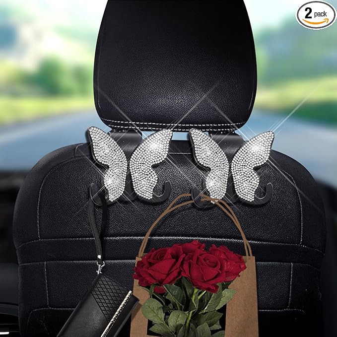 2 Pack Butterfly Bling Car Seat Headrest Hooks for Purses and Bags Aesthetic Design Car Hooks Rhinestones Hanger for Car Back Seat Organizer Storage Hook Bling Black Car Accessories for Women