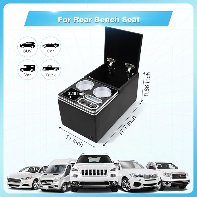 Center Console, Universal Bench Seat Center Console with Fast Phone Charging， Back Seat Car Organizer, Automotive Center Console with Cup Holder & Phone Holder