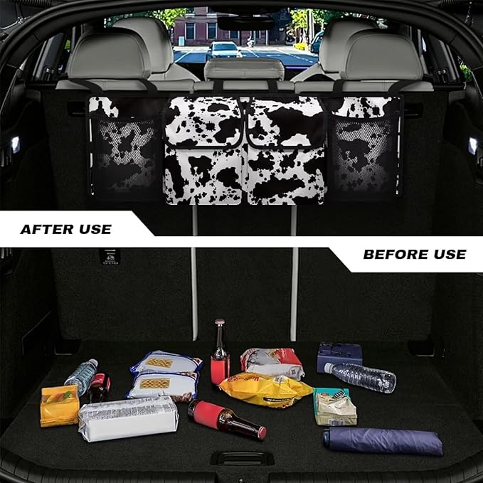 Cow Print Car Trunk Organizer and Storage Backseat Hanging Organizer, Washable Car Accessories Oxford Cloth Space-Saving Backseat Car Organizer for SUV/MPV/Truck/Sedan/Van