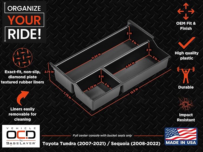 Vehicle OCD - Center Console Organizer Tray for Toyota Tundra (2007-2021) / Toyota Sequoia (2008-2022) - Made in USA - SLX125