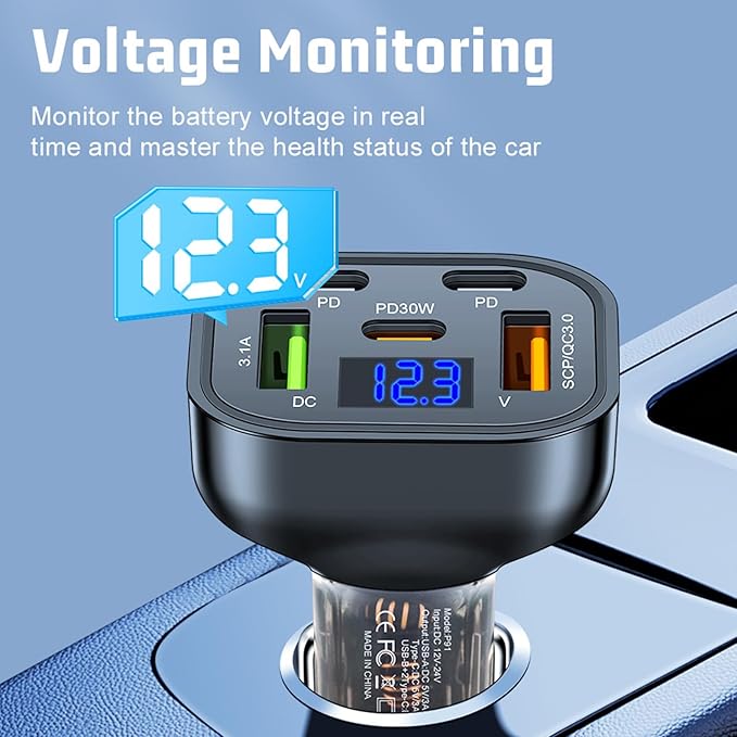 Full PD 30W Multi Port USB C Car Charger Adapter 5 in 1 with Voltage Display, PD4.0/QC4.0/PPS/AFC Super Fast Charging Cigarette Lighter Adapter with Volt Meter for MacBook iPhone Galaxy Android Phones