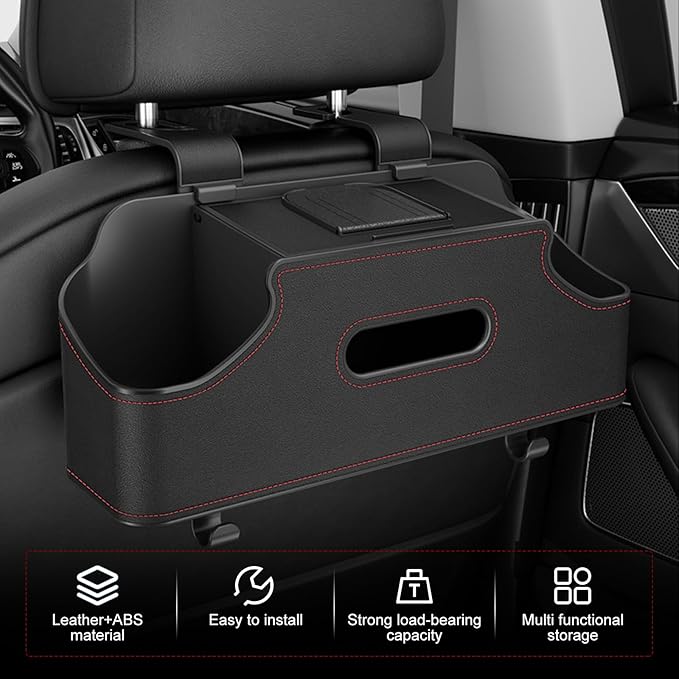 Car Back Seat Storage Box, Leather Car Seat Back Multifunctional Organizer, Detachable Partition Design Backseat Storage Box for Cars, Great Fit for Kids and Travel (Black)