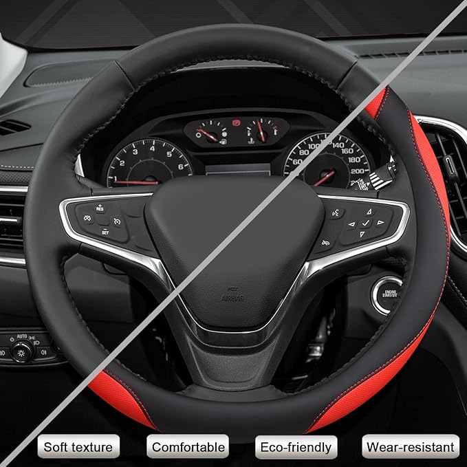 West Llama Customized Auto Car Steering Wheel Cover for Chevy 14.5-15 inches, Steering Wheel Cover for Chevrolet (Black+Red - Standard Size)