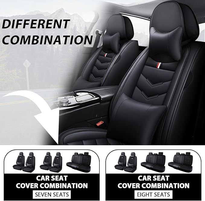 MVRVMV Car Seat Covers for Toyota Highlander 2013-2026, Waterproof & Wear-Resistant Front and Rear Seat Protectors with 2* Neck Pillow and 2* Lumbar Support (7 Seat Luxury, Black
