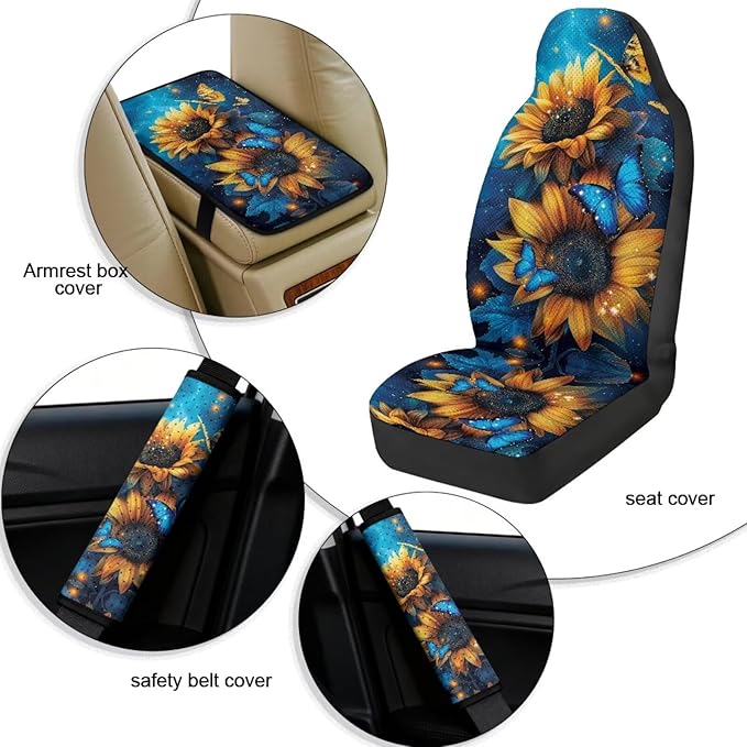 Qeluxign 5 Piece Car Accessories Set with 2 PU Leather Seat Covers, Sunflower Blue Butterfly 2 Belt Pads & 1 Armrest Cover Fit for Most Vehicles Easy Install & Clean