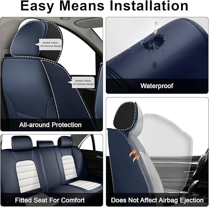 AREKA 2 Car Seat Covers for Honda Accord 2003-2026 Breathable Leather,Waterproof Car Seat Protectors with Comfort Headrest Pillows,Automotive Vehicle Cushion with Storage Pockets (Luxury,Blue)