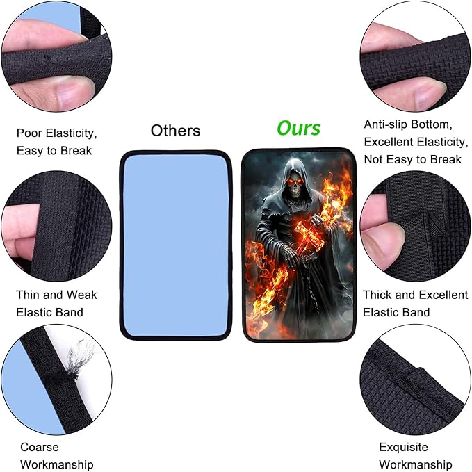 JANENFNA Car Armrest Cover Pads Universal Fashion Cute Auto Center Console Armrest Cover Pad with 2PCS Car Coasters Soft Waterproof Car Armrest Seat Protector for Women,Grim Reaper Flame Cross