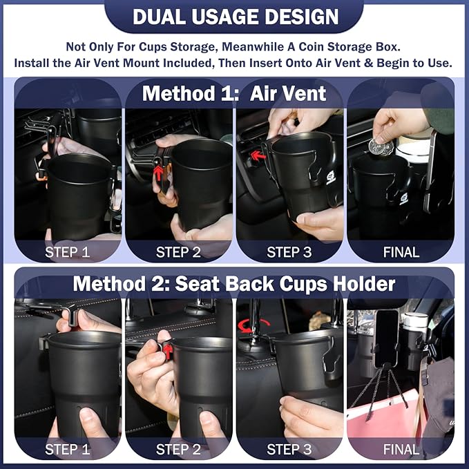 Headrest Back Seat Car Cup Holder, Versatile Road Trips Car Storage Organizer with Hanger for Bottles, Drinks, and Coins, Compatible with Cars, SUV, Trucks 1 Pack