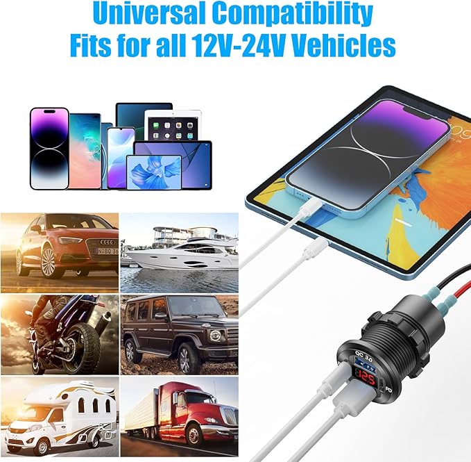 12V USB Outlet 4 Port Car Charger Socket, Dual PD USB C and Dual Quick Charge 3.0 Port Aluminum Charger with Red Voltmeter DIY Kit Waterproof for Car Boat Marine Motorcycle RV ATV Truck Golf Cart, etc