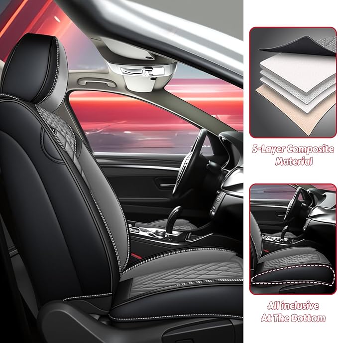 LPDK Fit for Kia Sportage Car Seat Covers Front Set 2pcs with Waterproof Leather,Lumbar Muscle Pain Healing Function,Airbag Compatible Automotive Breathable Seat Protectors(Grey Black)