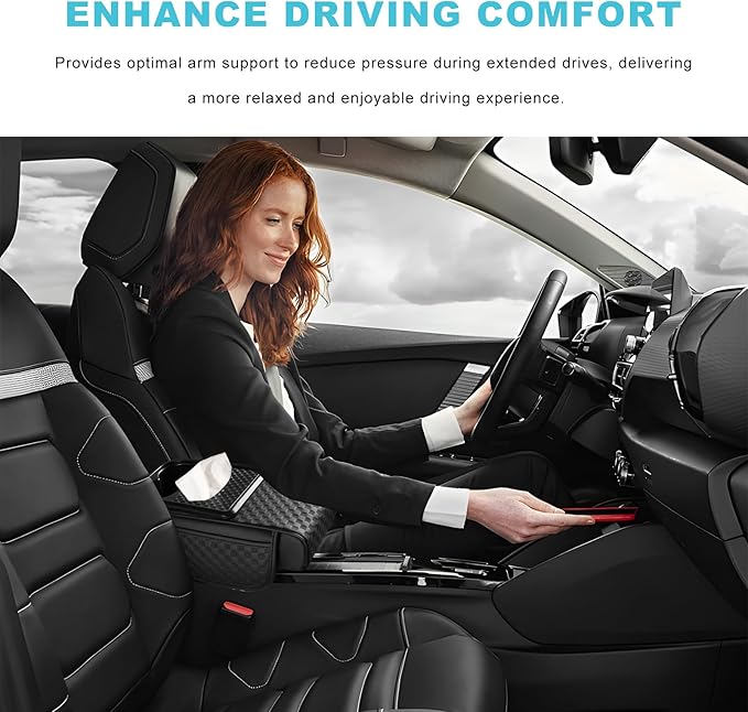 Car Center Console Cover, Ergonomic Leather Armrest Box Cushion with 3.1 Inch Height Boost, Soft Middle Console Pad with Cup Holder & 2 Storage Pockets for Sedan SUV Truck