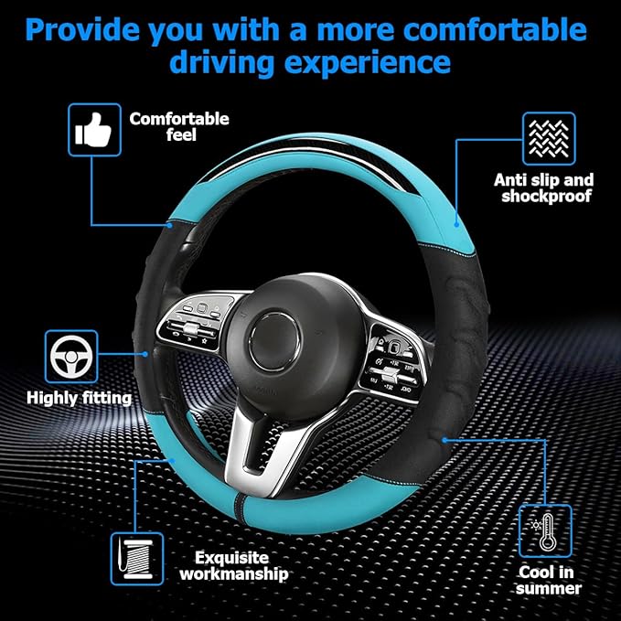 Car Steering Wheel Cover, Non-Slip Vehicle Steering Wheel Protector, Automotive Interior Accessories for Women Men, 15 Inch Universal for SUV, Truck, RV, Van and More（Black/Cyan）