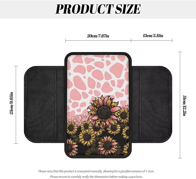 Dreaweet Sunflower Pink Cow Print Car Accessories Center Console Cover Cushion Pad,Car Armrest Cover with Side Pockets,Universal Fit Arm Rest Cover for Most Vehicles SUV Sedan