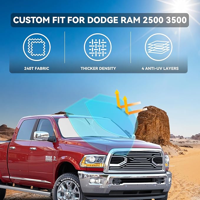 for Dodge RAM 2500 3500 2010-2025 2026 Windshield Sun Shade - 4 Layers Car Sunshades for Front Windows Shade Cover Custom Fit RAM 2500 3500 240T Retractable Shade Blocks UV Rays Car Accessories