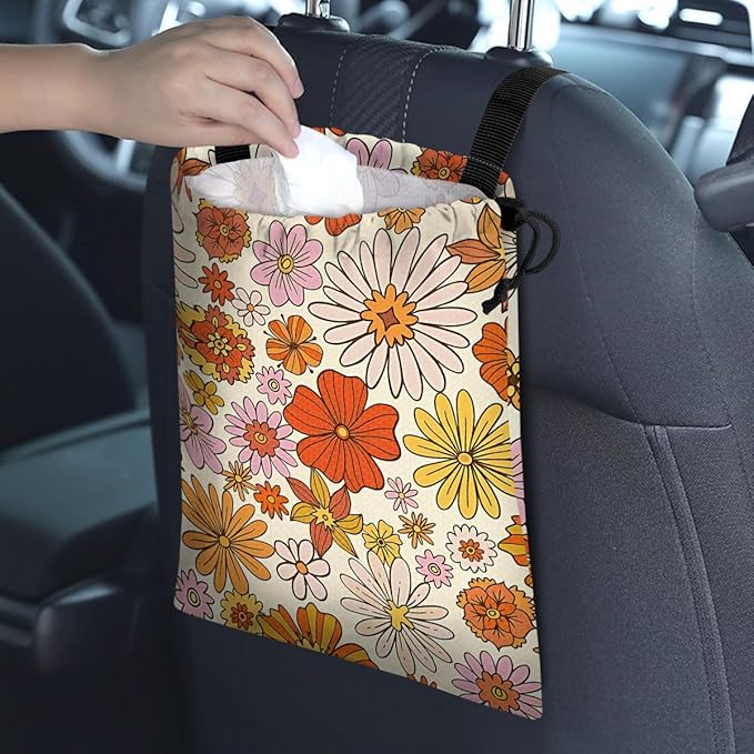 GEGEPINK Car Trash Bag Hanging Back of Seat Waterproof Small Cute Printed One-Handed Strap Drawstring Garbage Bags for Car-Colorful Flower