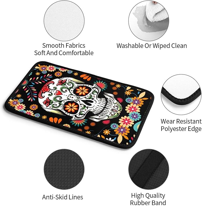 indokyeyqaz Universal Car Center Console Cushion Pad, Sugar Skull Colorful Soft Waterproof Car Center Console Cover Auto Armrest Seat Box Cover Protector for Most Vehicle SUV Truck Car