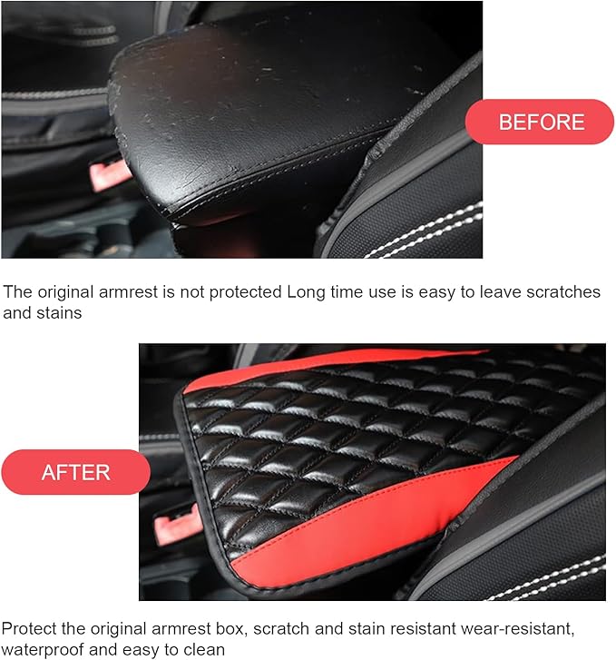 Car Center Console Cover, Patchwork Leather Center Console Cushion Pad, Waterproof Dustproof Auto Armrest Seat Box Cover Protector, Comfortable Armrest Pad for Car, Sedan, SUV, Van (Red)