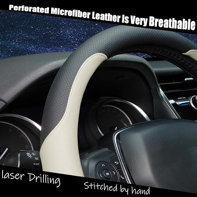 Mihecor Steering Wheel Cover Standard Size Medium 14.5-15 inch, Breathable Microfiber Leather, Anti-Slip, Soft Grip, Universal Fit for Cars SUVs Trucks, Black and Creamy White