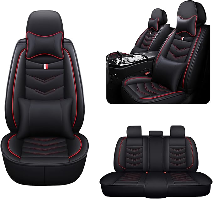 MVRVMV Luxury Car Seat Covers for GMC Acadia 2007-2026, Nappa Leather Auto Seat Cover with 2 Neck Pillows and 2 Lumbar Supports (5 Seat Luxury, Black-Red)
