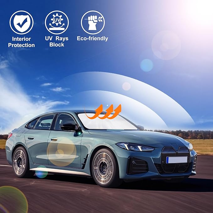 Windshield Sun Shade Custom Fit for 2022 2023 2024 2025 BMW i4 M50 Accessories Foldable Sunshade Sun Blocker Protect Car from Sun Rays & Heat Damage Keep Car Cooler