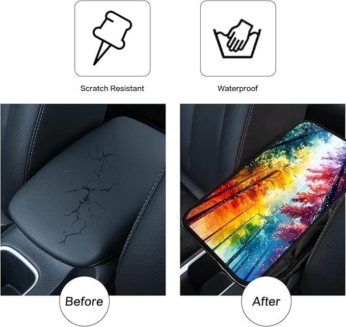 JANENFNA Car Armrest Cover Pads Universal Fashion Cute Auto Center Console Armrest Cover Pad with 2PCS Car Coasters Soft Waterproof Car Armrest Seat Protector for Women,Colorful Forest-A