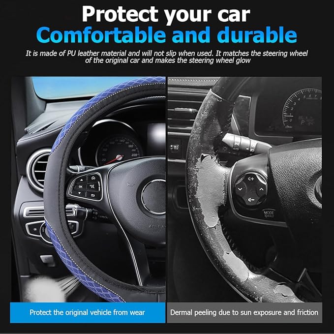 Elastic Car Steering Wheel Cover, 14.5-15 Inch Leather Non Slip Vehicle Steering Wheel Protecter Without Inner Ring, Auto Interior Protection Accessories, Universal Fit (Blue)