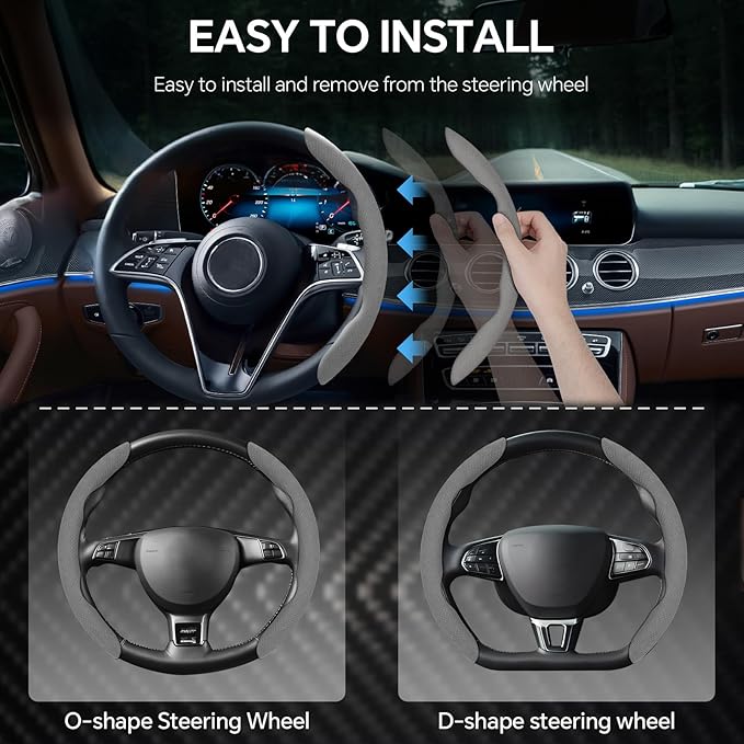 PAUUOOA 2 Piece Alcantara Steering Wheel Cover - Split Sport Design for D & O Shape Wheels, Soft Touch · Anti-Slip Grip · All Season Comfort · Durable Luxury Material for Performance Cars