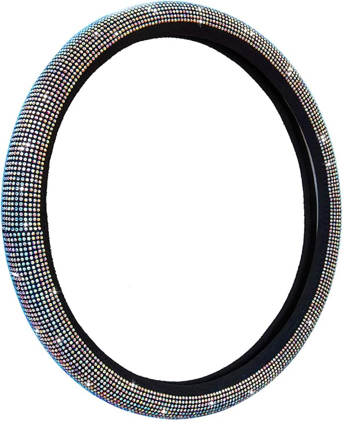 Car Sparkly Steering Wheel Cover Bedazzled for Women Girls, Large Size 15 1/2''-16'' inch Colorful Bling Anti-Slip Wheel Protector, Black