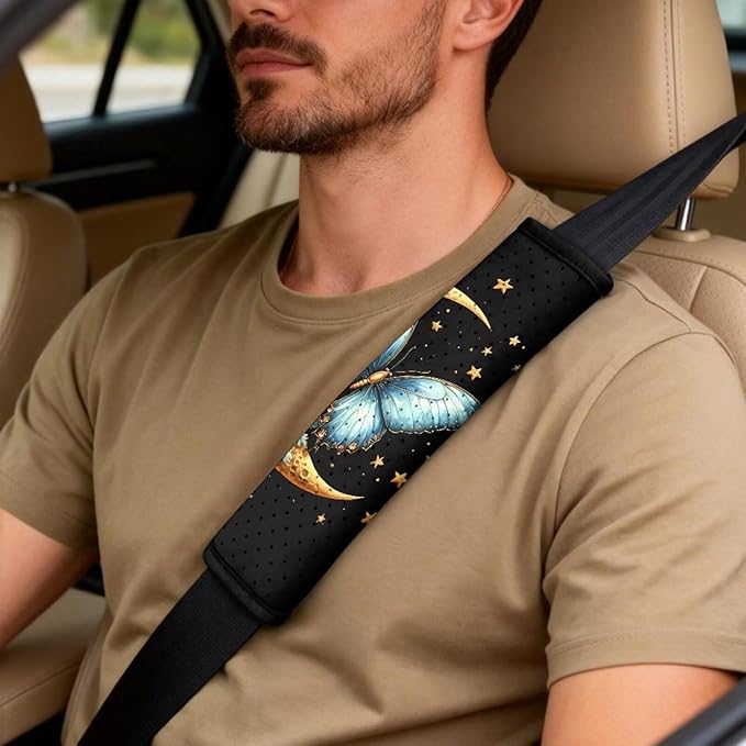 Qeluxign Car Seat Covers Butterfly Moon Star 2 Front Seats Universal Fit Center Console Protector Auto Seat Belt Cover Against Stains, Spills, Dust Car Interior Accessories 5 Piece Set