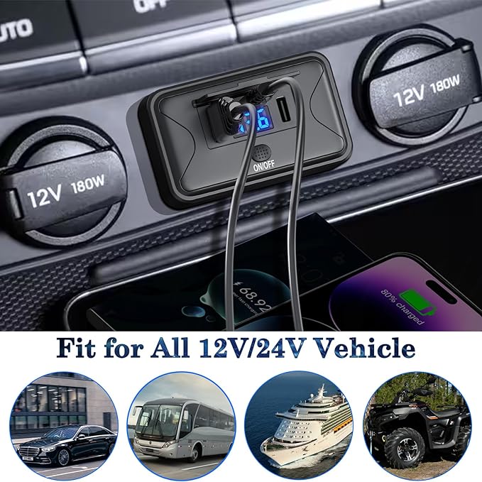 2 Pack 90W 12V USB Outlet Panel Wall Mount, Dual 36W USB C and QC 18W Car USB Port Charger with Voltmeter Button Switch, Waterproof 3 USB Multi Port Power Outlet 12V Accessories for Car Bus RV Truck