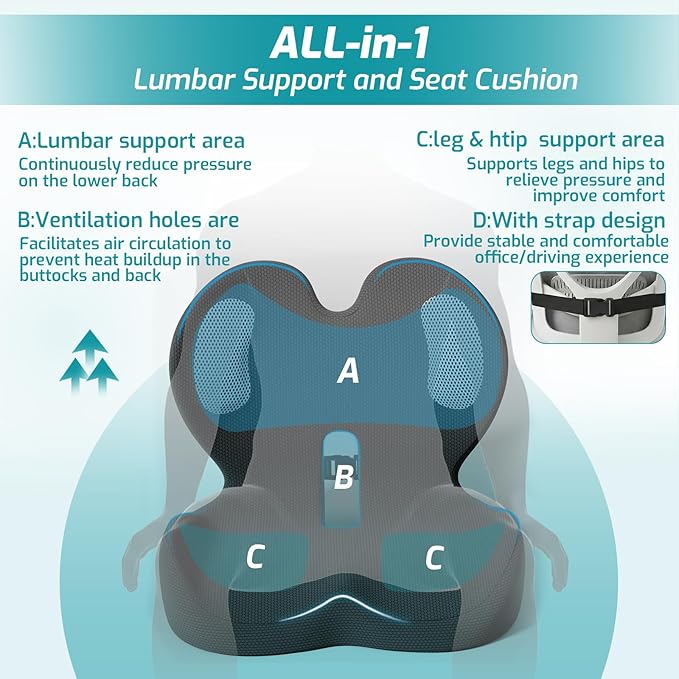 Memory Foam Seat Cushion with Lumbar Support Pillow,Office Chair Cushion,Ergonomic Car Seat Cushion,Designed for Tailbone,Sciatica,Back Pain Relief,for Office,Car,Truck,Desk Chair (Black)