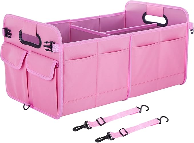 titiyiof Trunk Organizer For Suv & Sedan,Car Organizers and Storage, Waterproof Collapsible & Adjustable Straps,75L Sturdy Car Organization for Car Accessories, Tools,Sundries,2-3 Compartment（Pink）