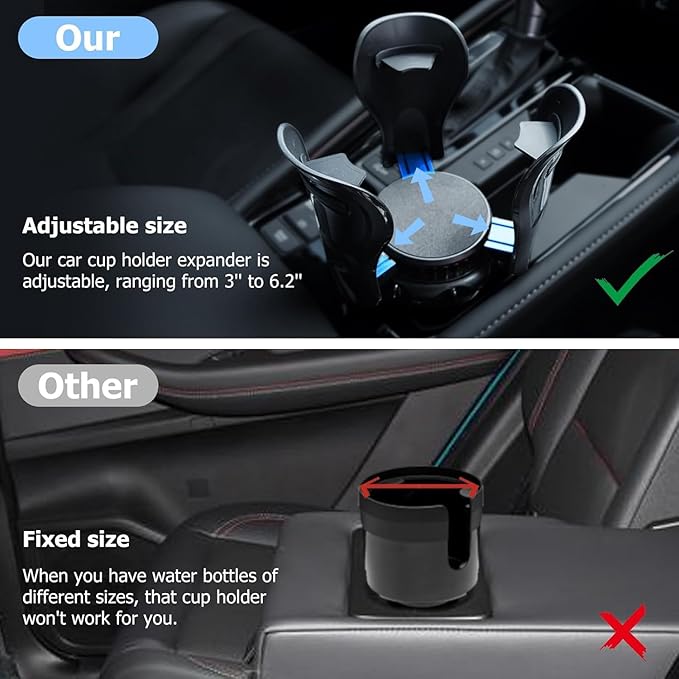 Car Cup Holder Expander, Cup Holder Insert Adapter with Expandable Arm and Adjustable Base,Fits Car, Truck, RV, SUV 12-64 oz and Big Bottles Mugs in 3'' - 6.2''Most Coffee Mugs Bottles,Cups