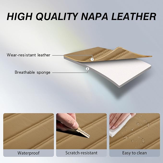 crossmiles Faux Leather Car Seat Covers Full Set, Foam Seat Cover for Car, Universal Car Seat Protector with Waterproof and Breath Fit for Cars, Trucks, SUV, Vans (Beige-Striped)
