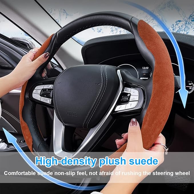 Car Steering Wheel Cover, Microfiber Suede Leather and Carbon Fiber Double Sided Design, Warm in Winter and Cool in Summer, Breathable Non Slip Segmented Protector for Most Cars (Turn Fur/Brown)