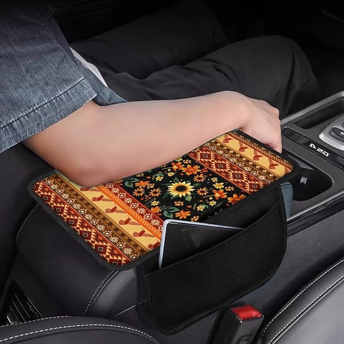 Dreaweet Sunflower Aztec Print Center Console Cover for Car with Storage Pockets,Universal Arm Rest Cover for Car SUV Truck,Car Armrest Cover Center Console