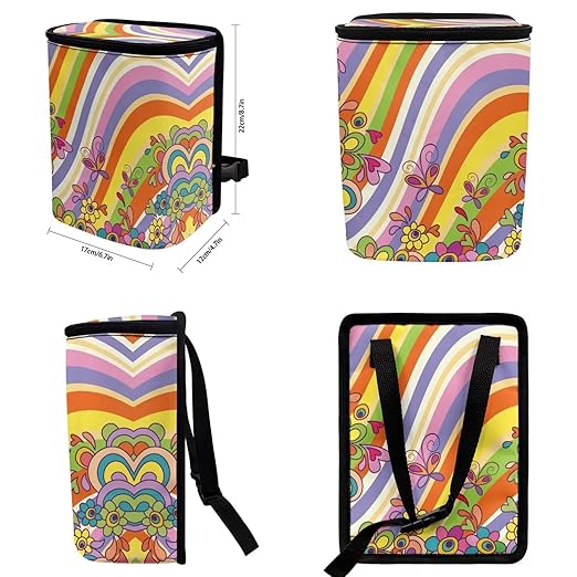 Colorful Hippie Butterfly Car Trash Can with Lid Hanging Trash Bag Leak-Proof Portable Garbage Bin Interior Car Organizer