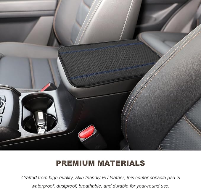 Car Armrest Storage Box Mat, Leather Embossing Auto Center Console Cushion Protective Pad, Anti-Scratch Waterproof Armrest Seat Box Protector for Most Cars Trucks SUVs (Black & Blue)