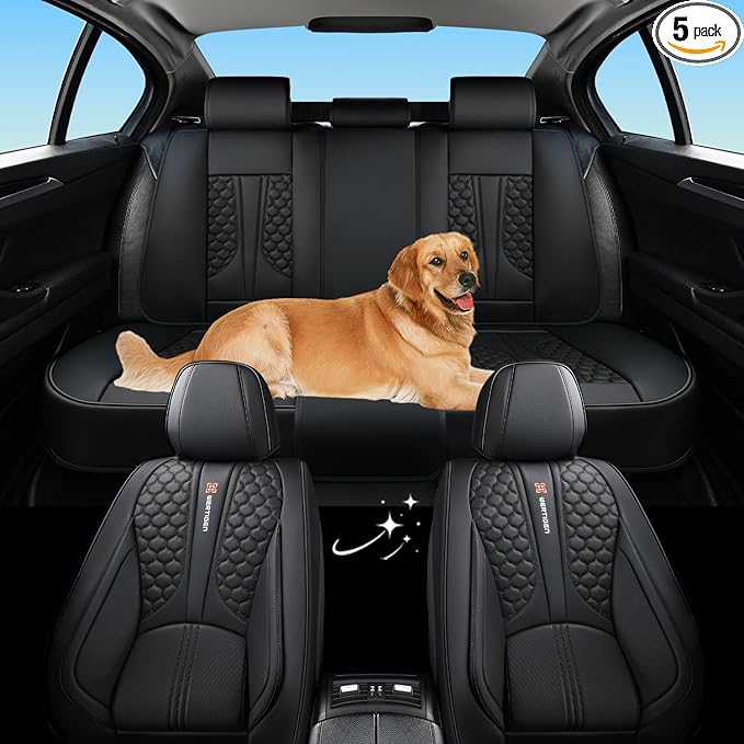 Wertigen Black Leather Car Seat Covers - Luxury Waterproof Car Seat Covers with Lumbar Support, Non-Slip Base, and Airbag Compatibility; Suitable for Sedans, Suvs, and Pickups.