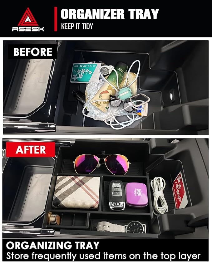ASZSK for 2024-2026 Chevy Silverado EV&GMC Sierra EV Armrest Storage Box Console Organizer - Easy to Install&Lift Handle Design 2PCS Double Layer Center Console Upper&Lower Armrest Organizer