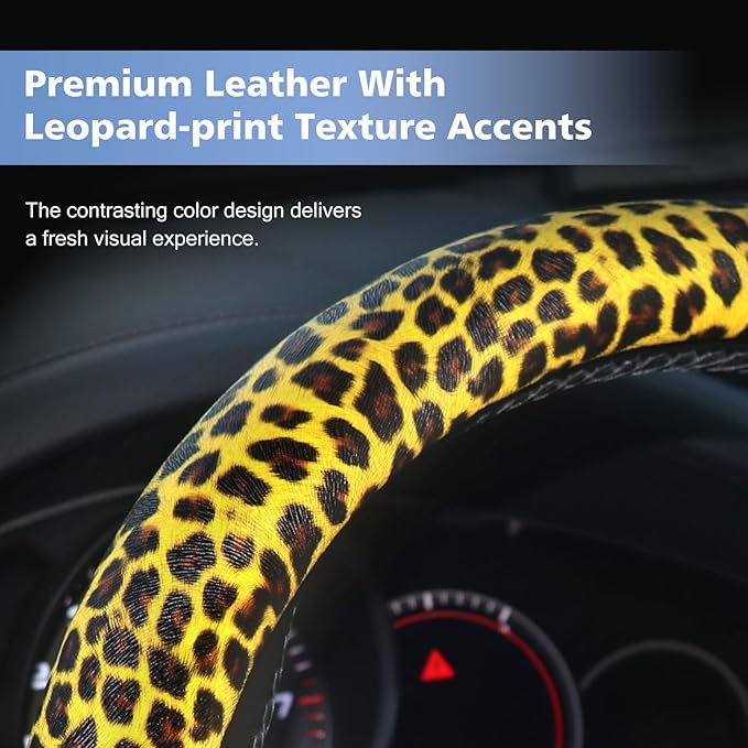 ZHOL Leopard-Cheetah Print Steering Wheel Cover,Made of PU Leather and Leopard Print Fabric,Non-Slip and Breathable Design,Suitable for Both Men and Women,Universal 14.5-15 inches (Black&Yellow)