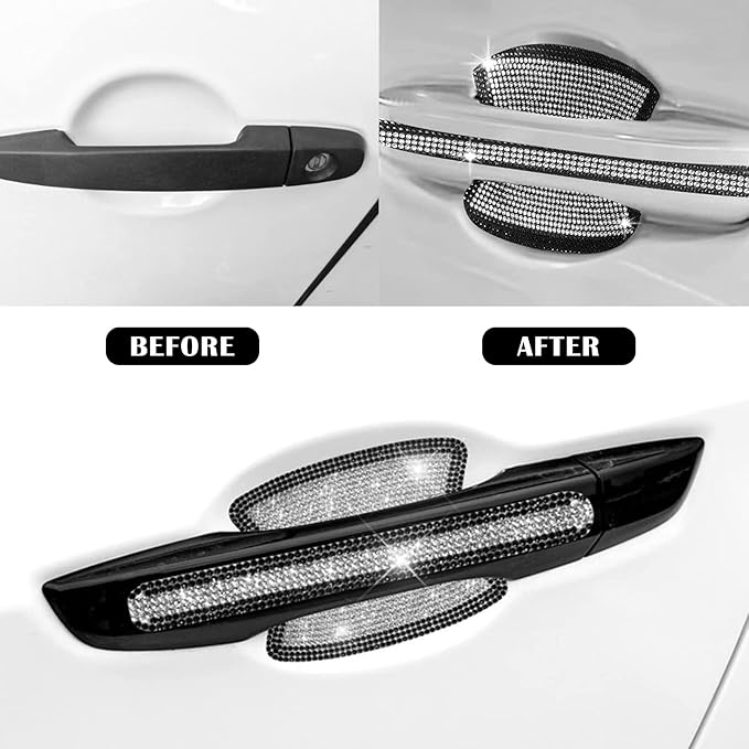 kingsea 8pcs Bling Car Door Handle Protector Stickers,Crystal Rhinestone Glitter Car Door Handles Cup Scratch Protectors Decals Universal (White & Black)