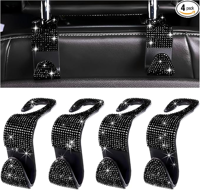 4 PCS Car Seat Headrest Hooks, Bling Rhinestone Purse Hook Vehicle Back Seat Hanger, Sparkling Crystal Headrest Hangers Storage Organizer for Grocery Bag Handbag Coats (Black)