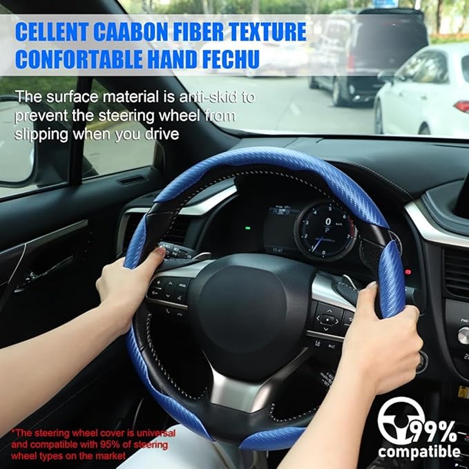 3pcs Carbon Fiber Car Steering Wheel Cover, Segmented Anti-Skid Steering Wheel Protector, Universal 99% Steering Wheel, Butterfly Steering Wheel Cover Women Men, Car Accessories Interior (Blue)
