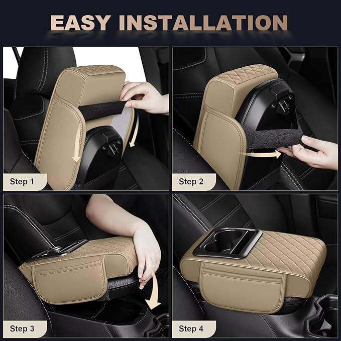 Center Console Cover Fit for bZ4X Faux Leather Car Armrest Cushion with Storage Bags, Cup Holder ＆ Phone Storage Multifunctional Middle Console Cover(Beige)